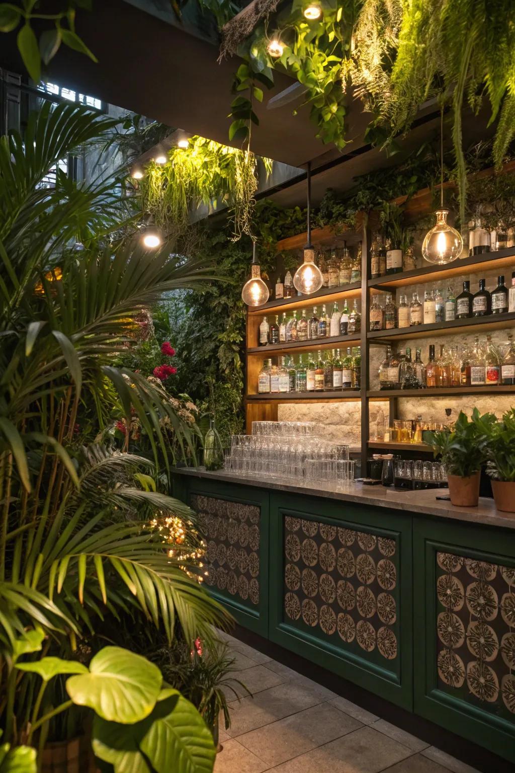 A botanical gin bar surrounded by greenery gives a vibrant ambiance.