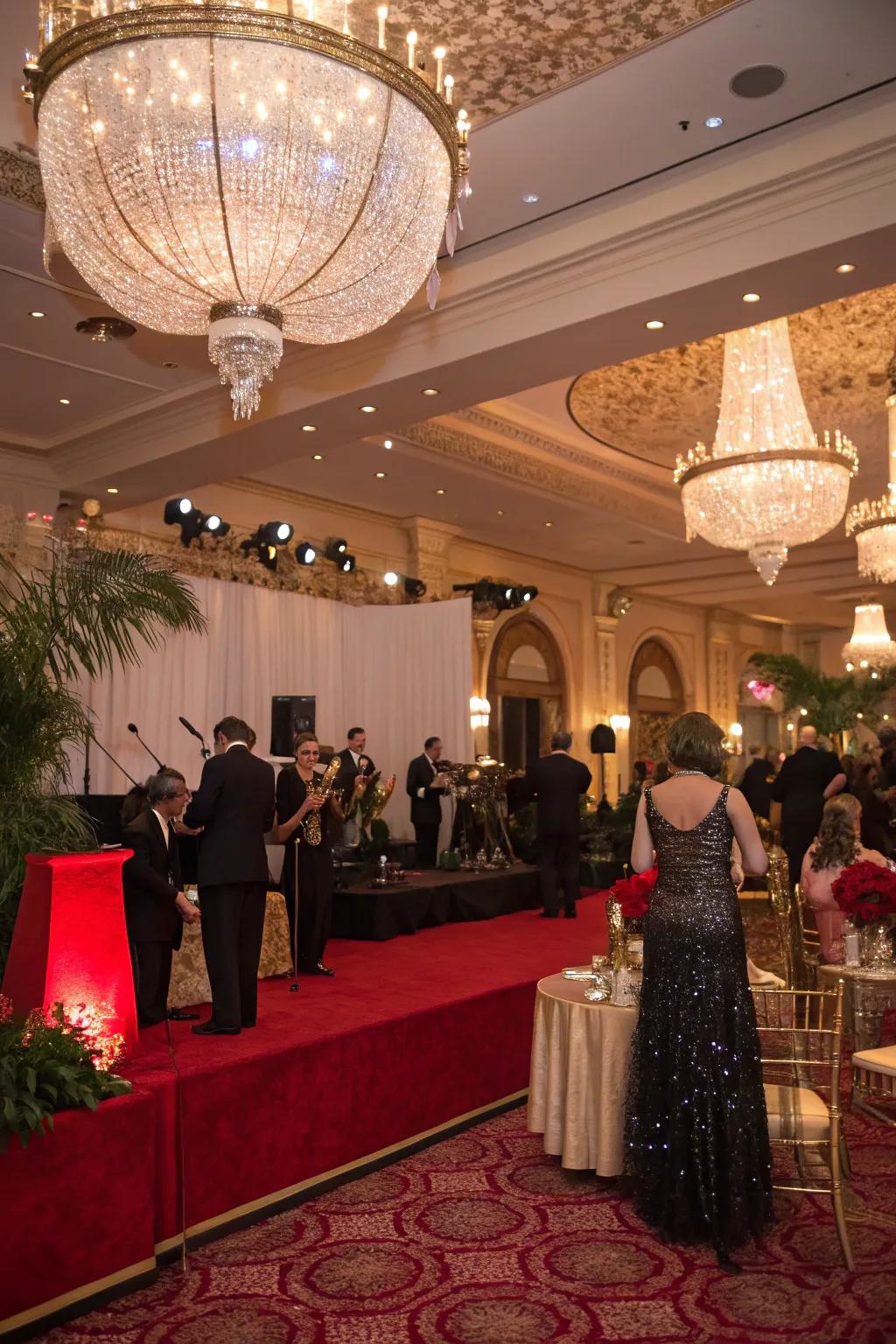 An extravagant social with fancy 1920s decor.