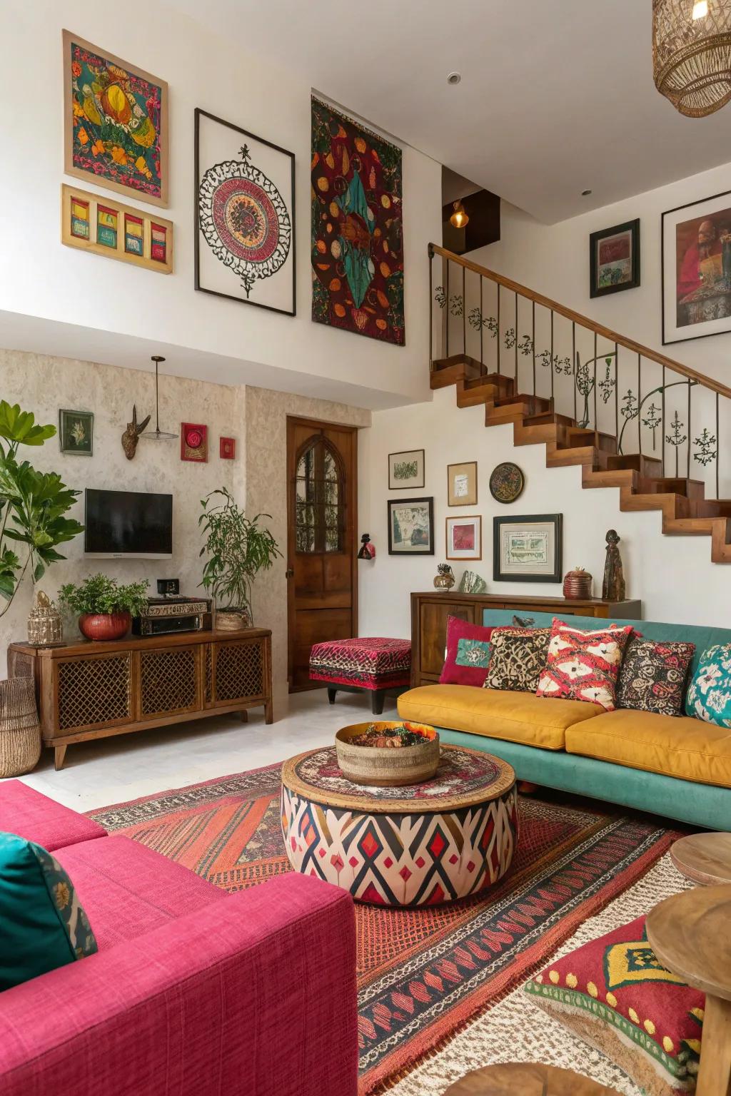 A sunken living room with eclectic decor.