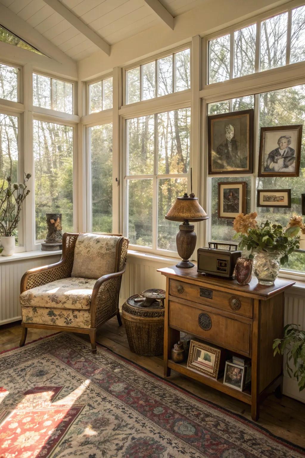 Retro ornamentation introduces a nostalgic twist to this sunroom.