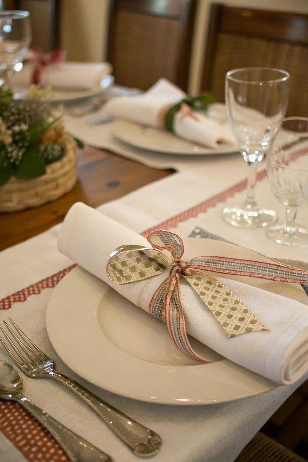 Handcrafted cloth fasteners bring a customized flair to the table setting.