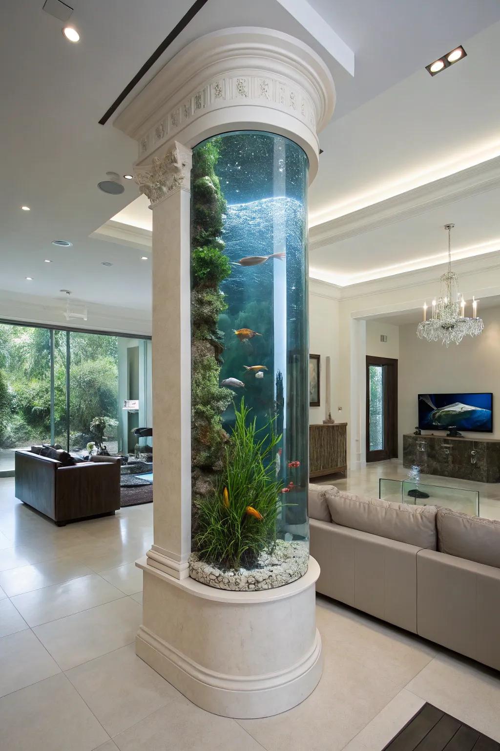 A towering aquarium serving as a structural pillar within a modern domain.