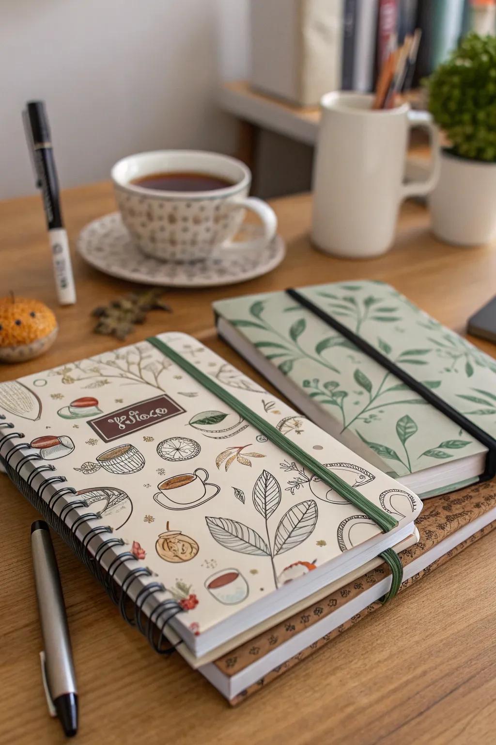 Personalized notebooks are both practical and thematic.