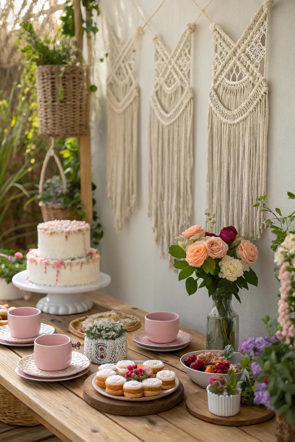 Macrame ornamentation injects a bohemian flair into the tea gathering arrangement.