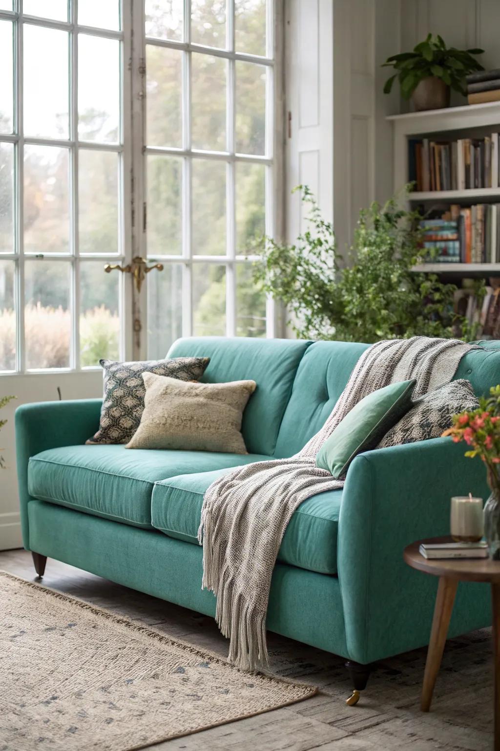 Organic illumination heightens the vibrant tincture of a cobalt settee.