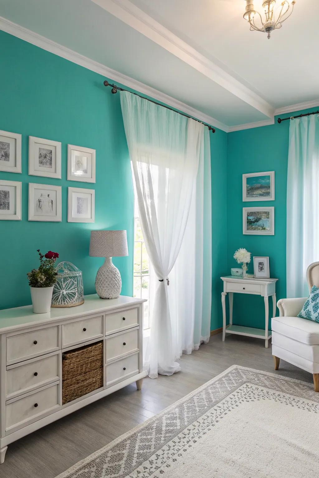 Crisp and neat styling featuring turquoise and white elements.