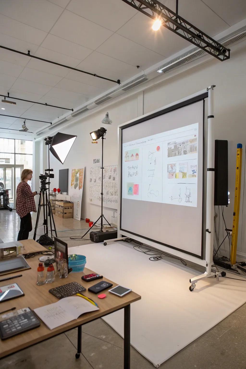 An interactive whiteboard on a modular wall sparks creativity in a studio.