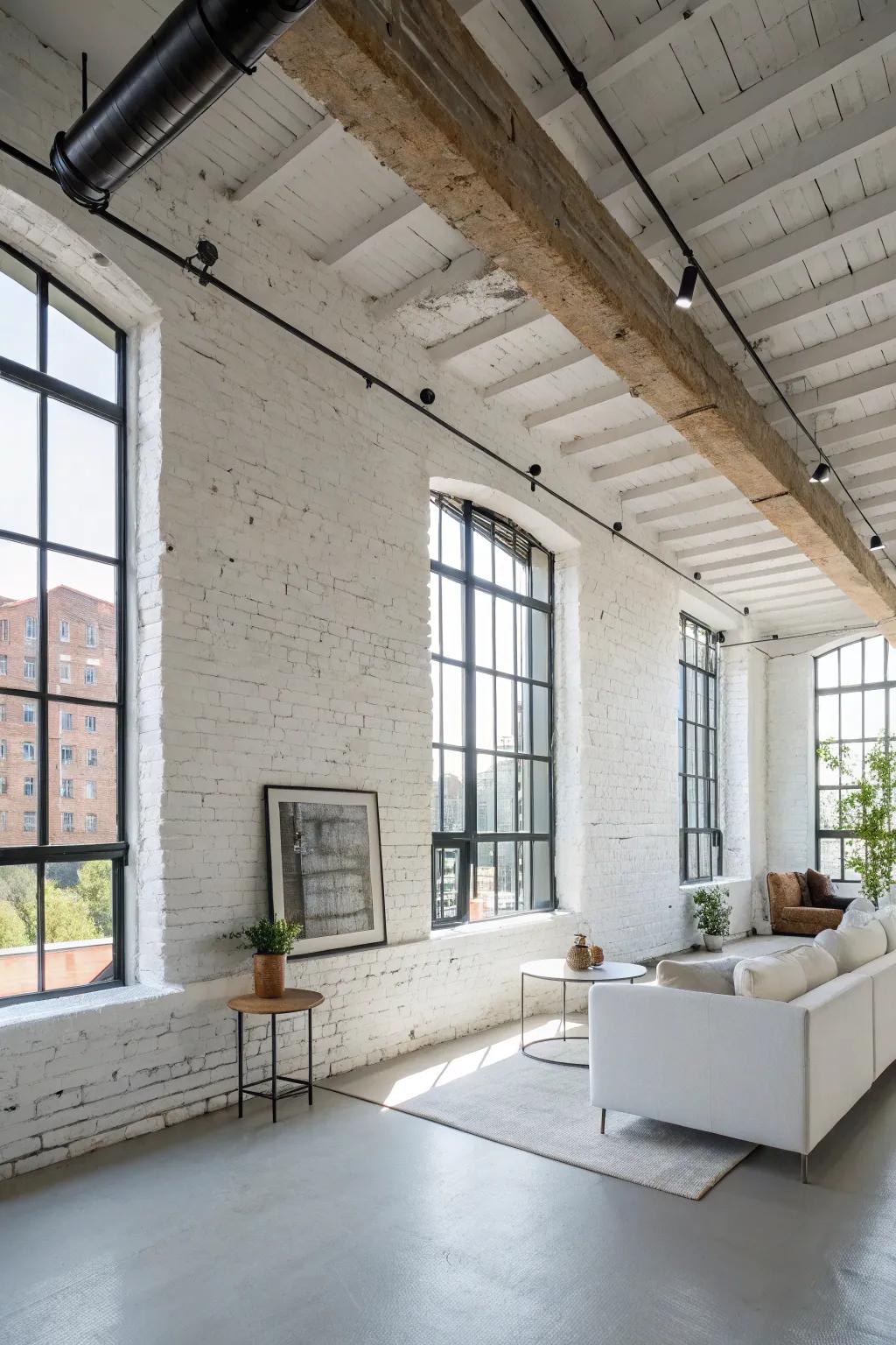 This loft features contemporary white painted brick walls.