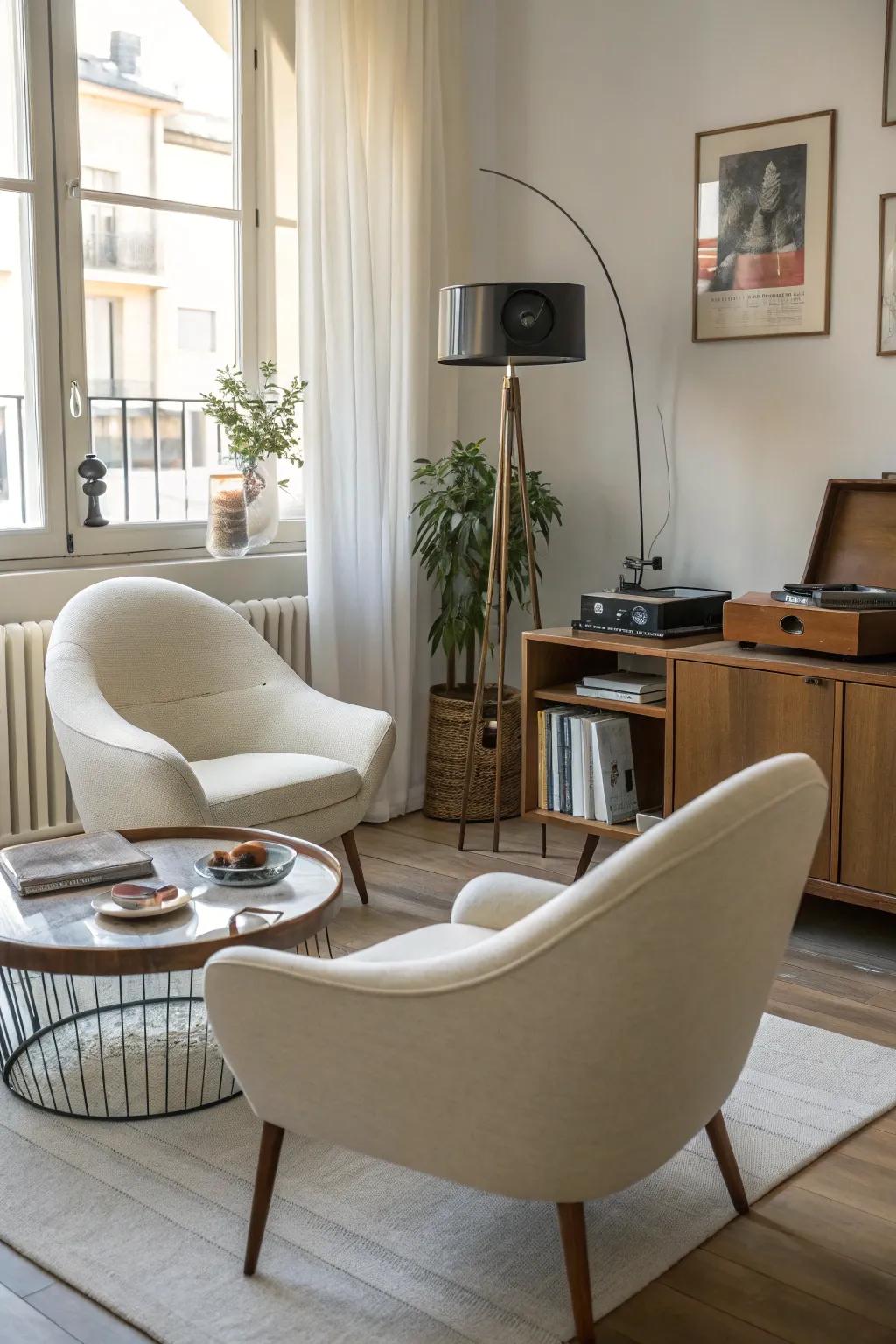 Halfway-through-the-century modern style featuring vintage elegance and practicality.