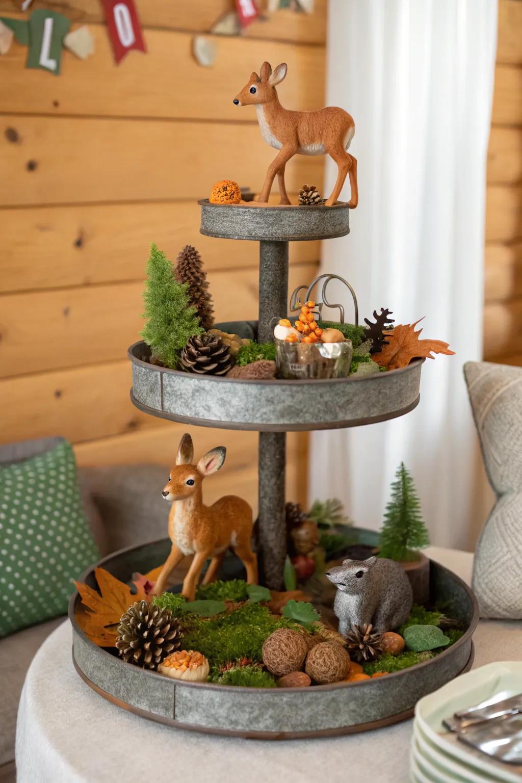 A whimsical forest-themed tiered display full of enchantment.