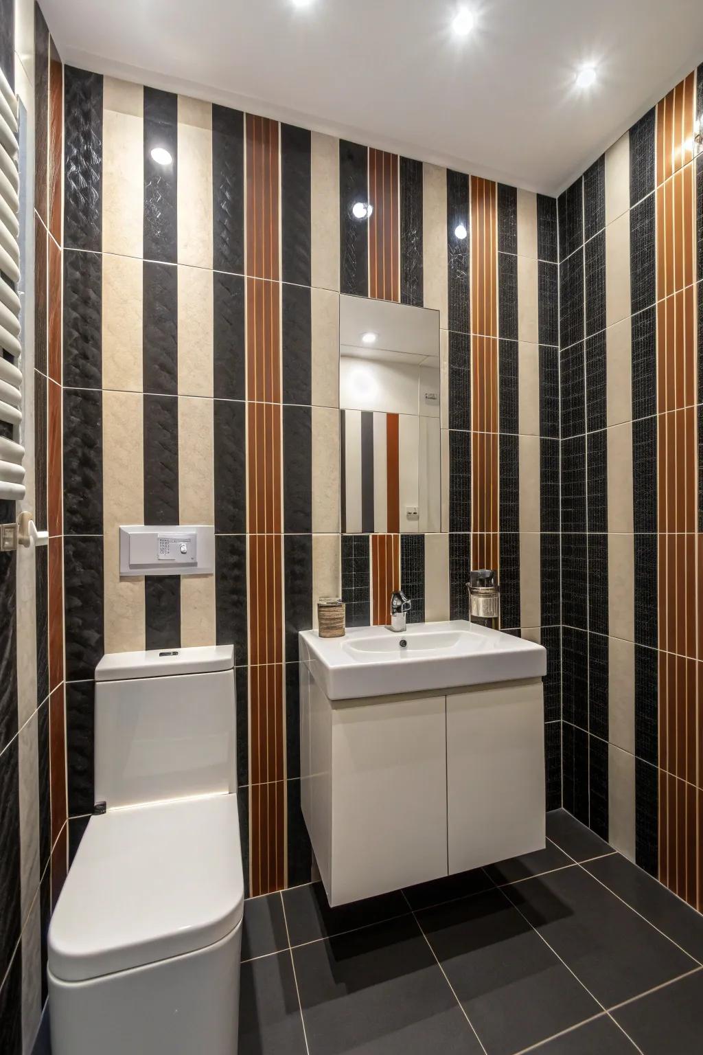Vertical stripes visually elongate this compact washroom.