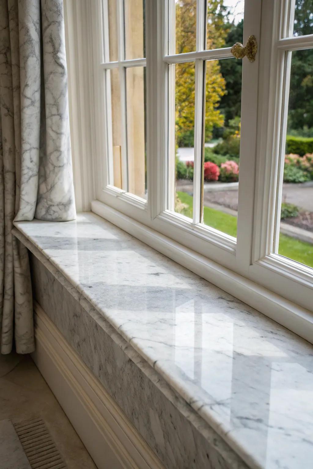 Marble slab tiles deliver a sophisticated and elegant accent to this window sill.