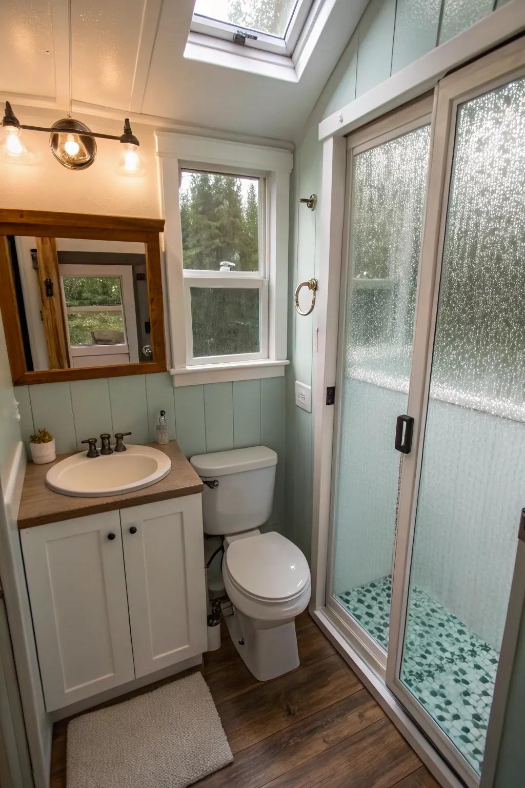 Frosted glass secures privacy while maintaining light levels.