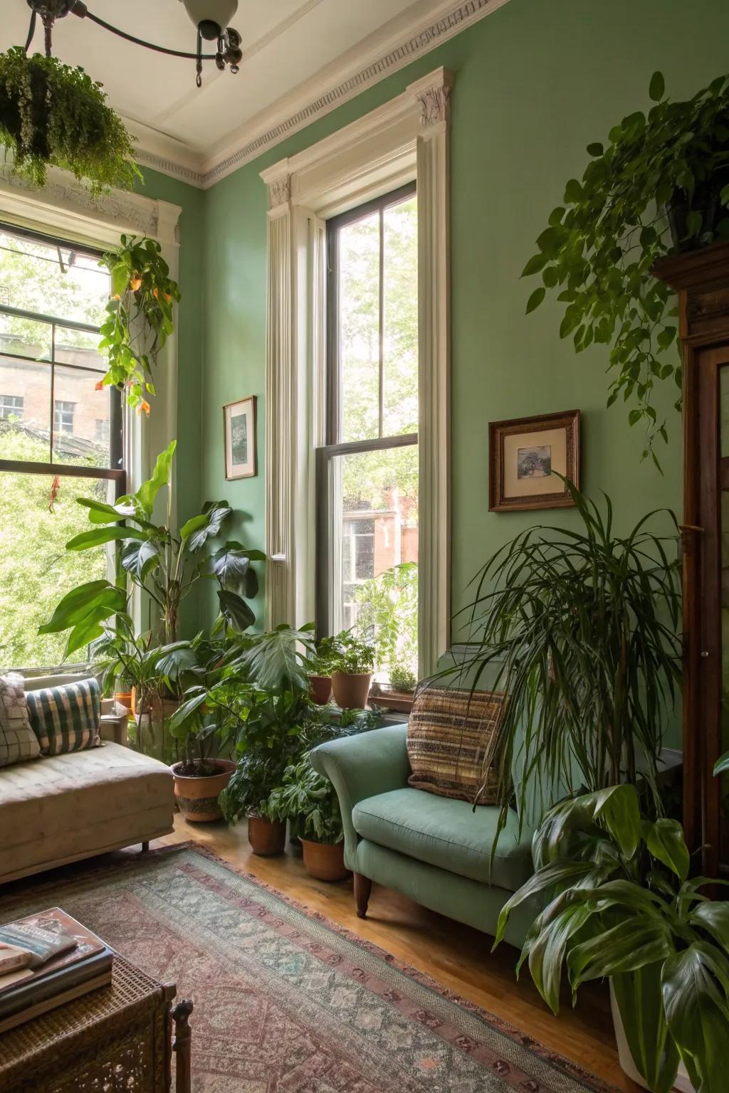 A lounge featuring walls painted in green.