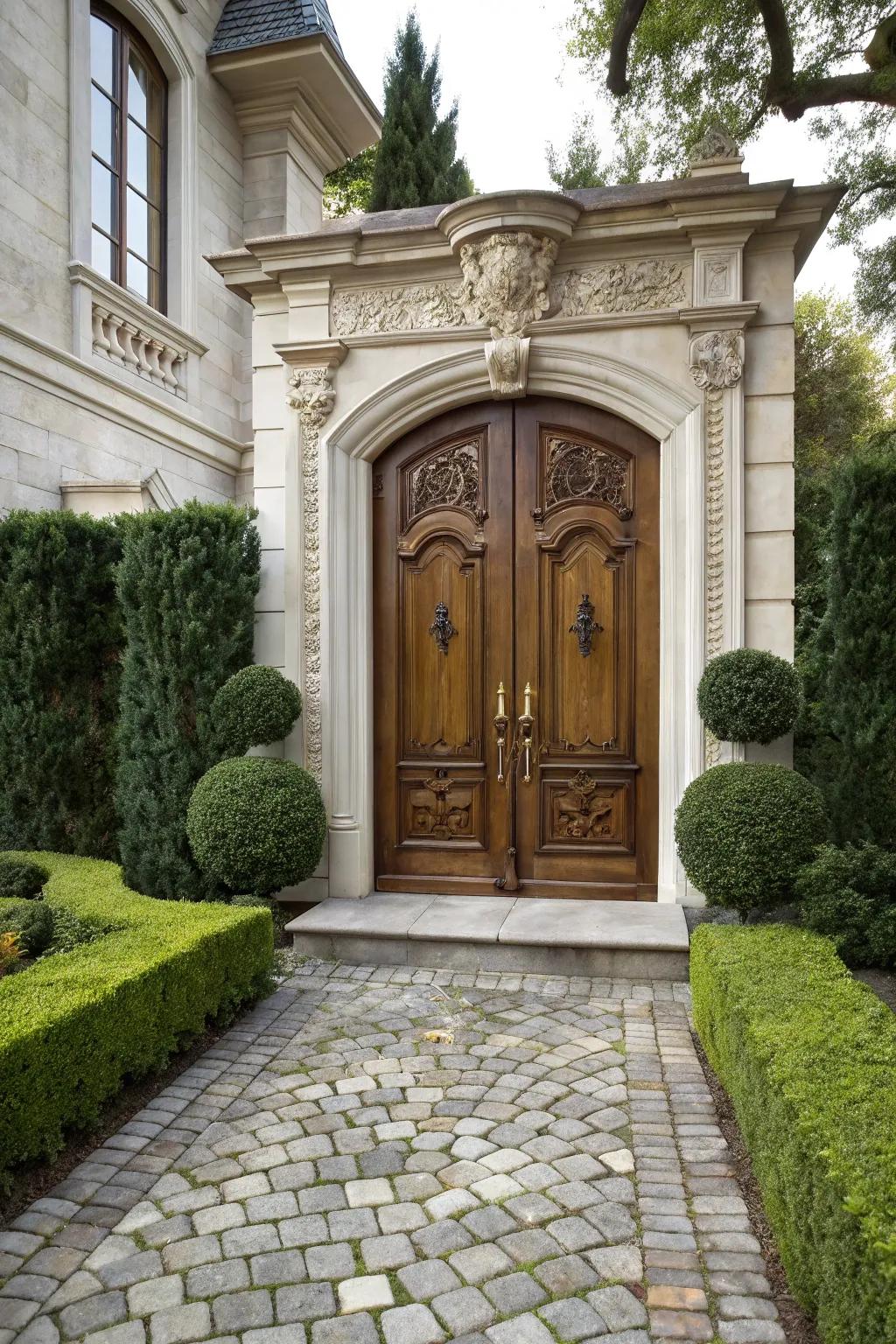 Paired doors provide a grand and welcoming entrance.