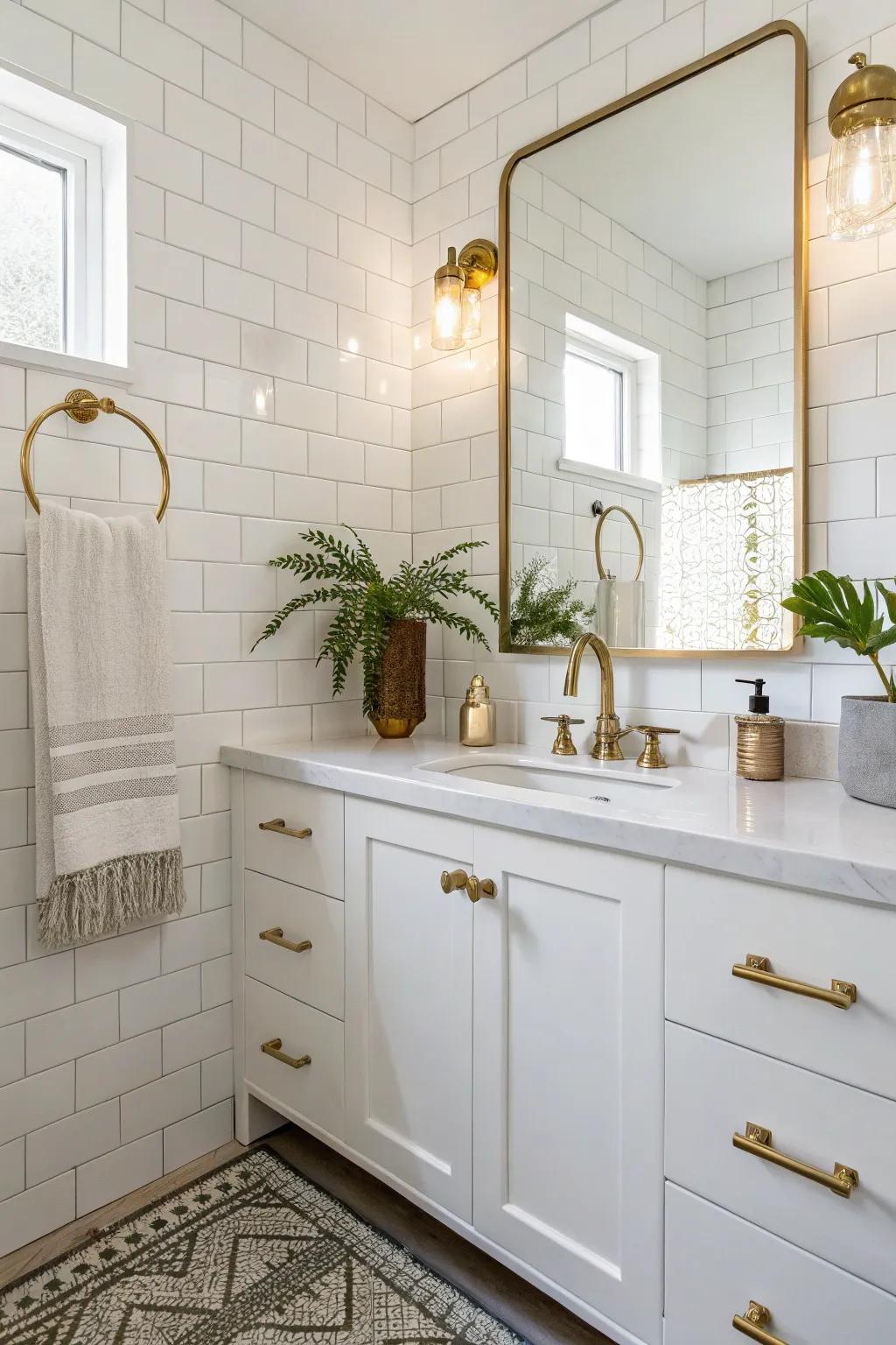 A white bathroom enhanced by the warmth and glamor of copper fixtures.