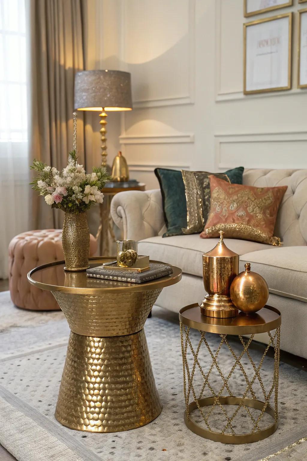 Metallic details brightening the living room.