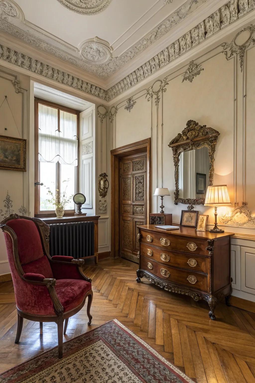 Retro trim designs adding historical charm.