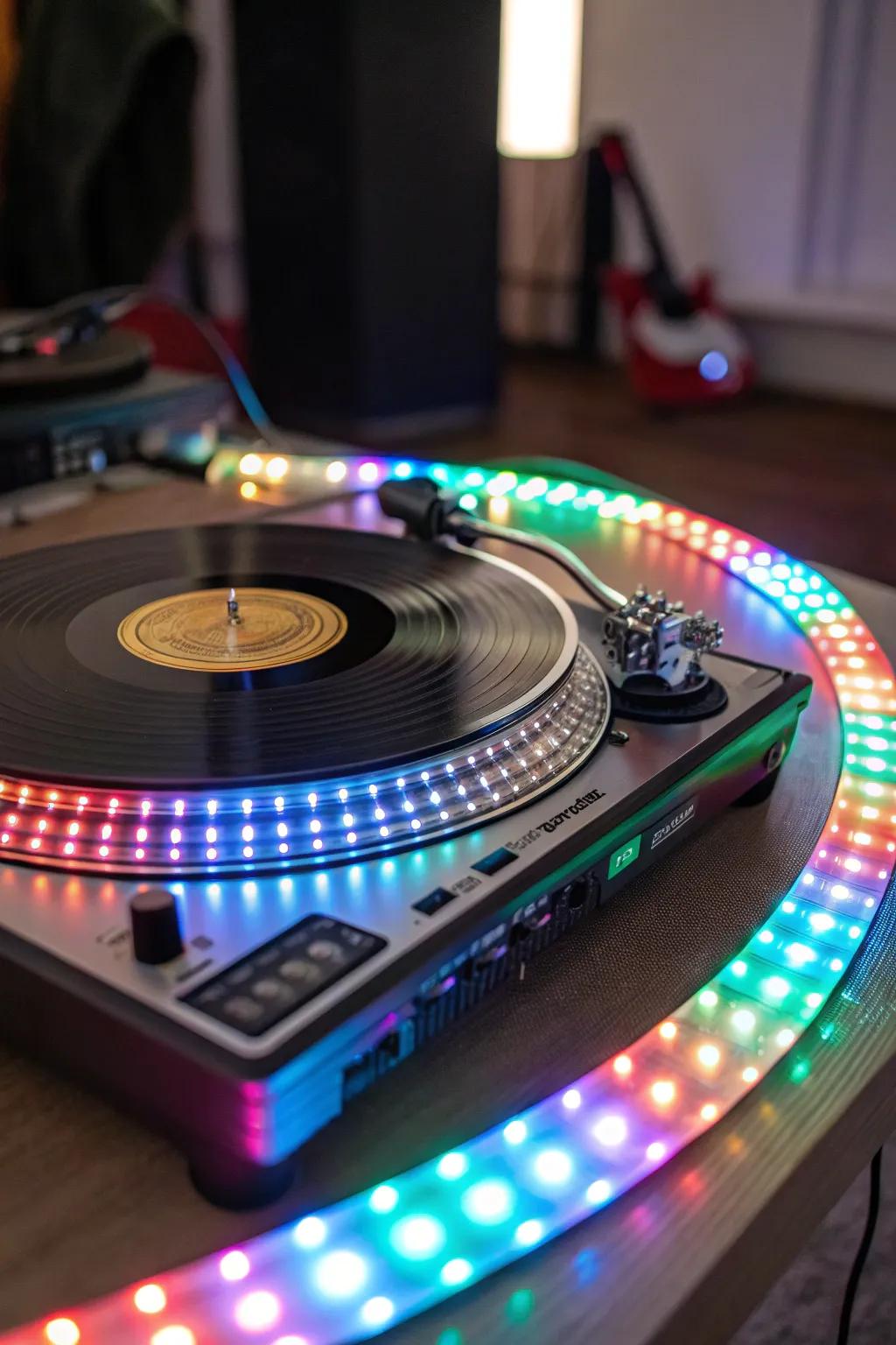 Music-sync LED strips fashioning a dynamic light spectacle.