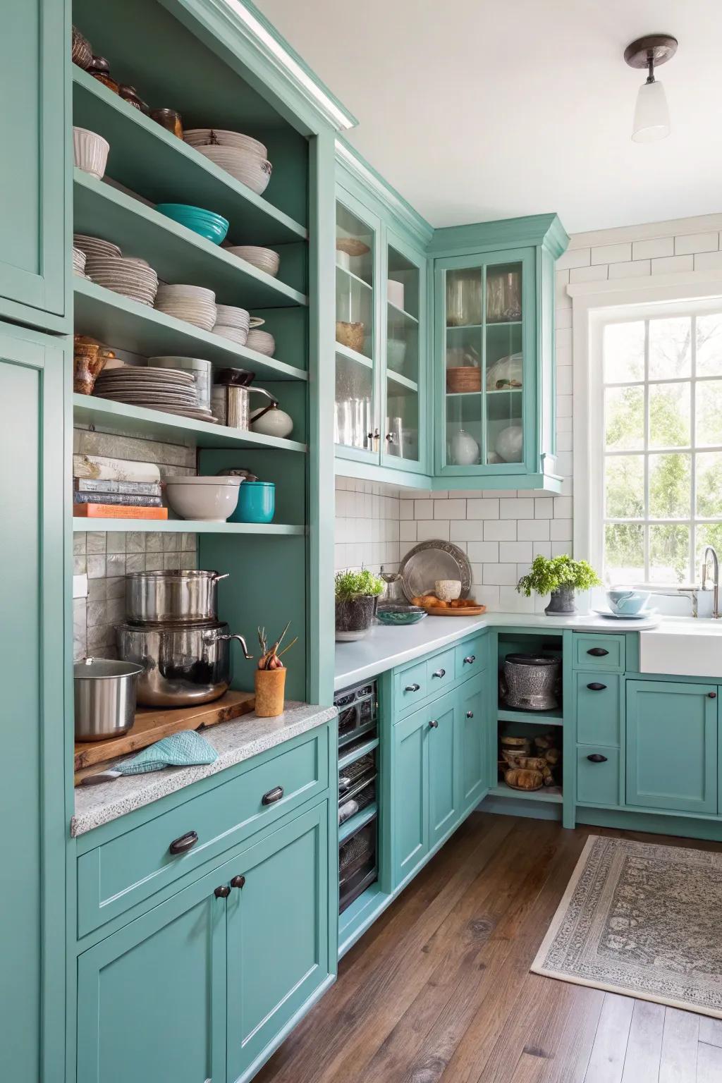 Open display units injecting functionality into a turquoise cooking area design.