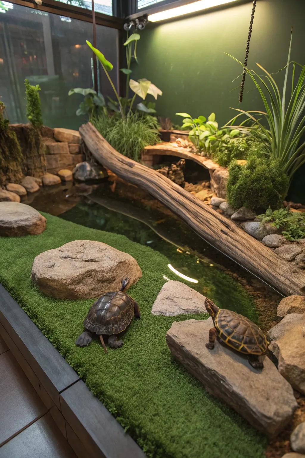 Artificial turf offers a soft and comfortable terrain for your turtle.