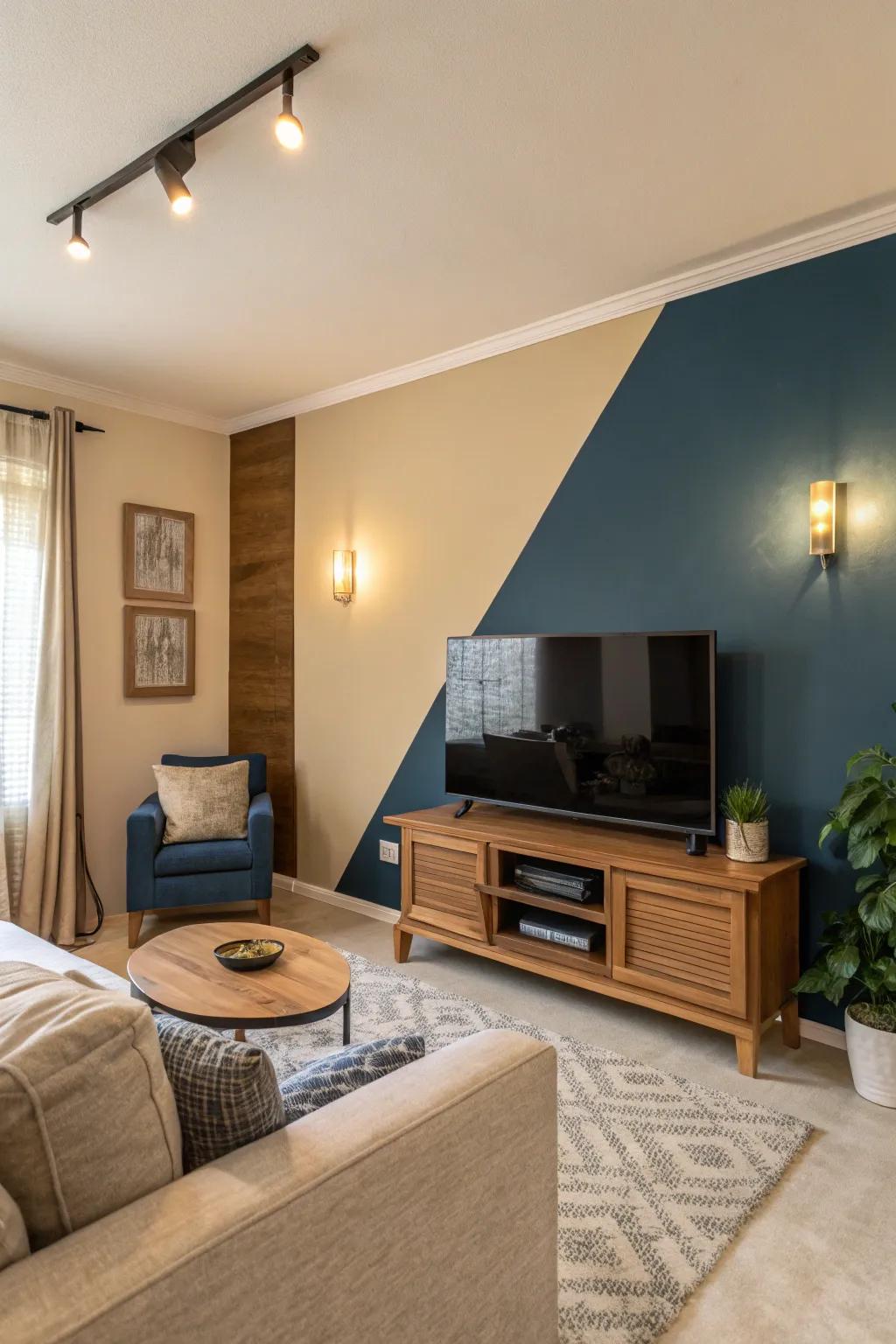 Dual-tone shades establish a refined contrast on this TV accent wall.