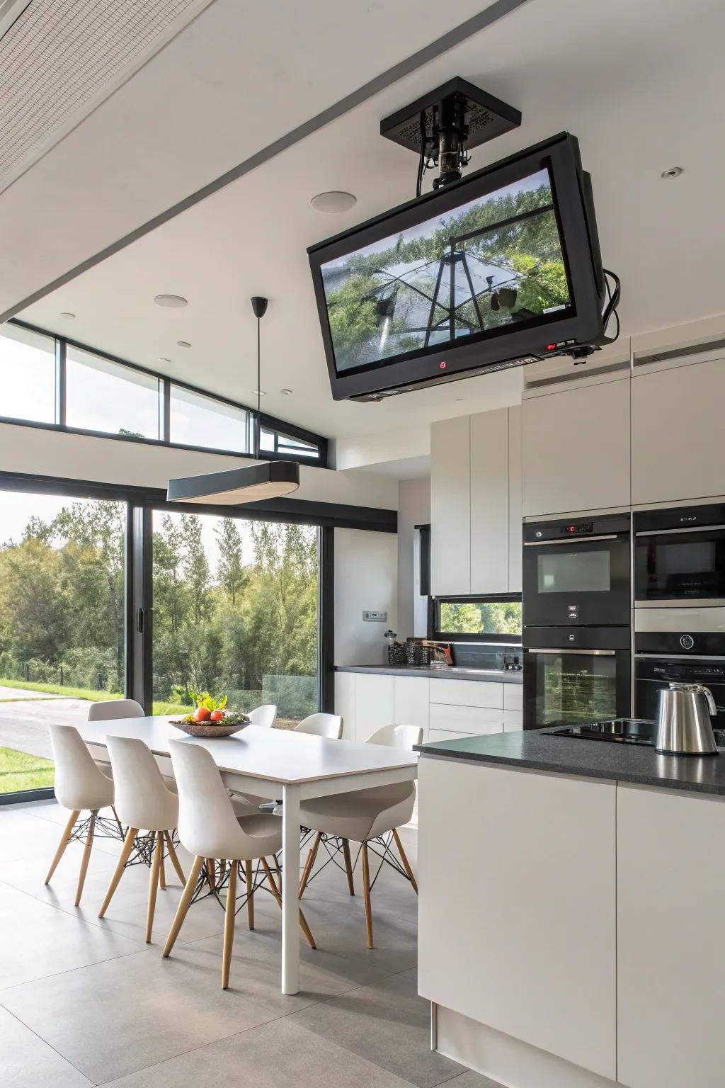 A ceiling-secured television in the cooking area, offering flexible viewing angles.