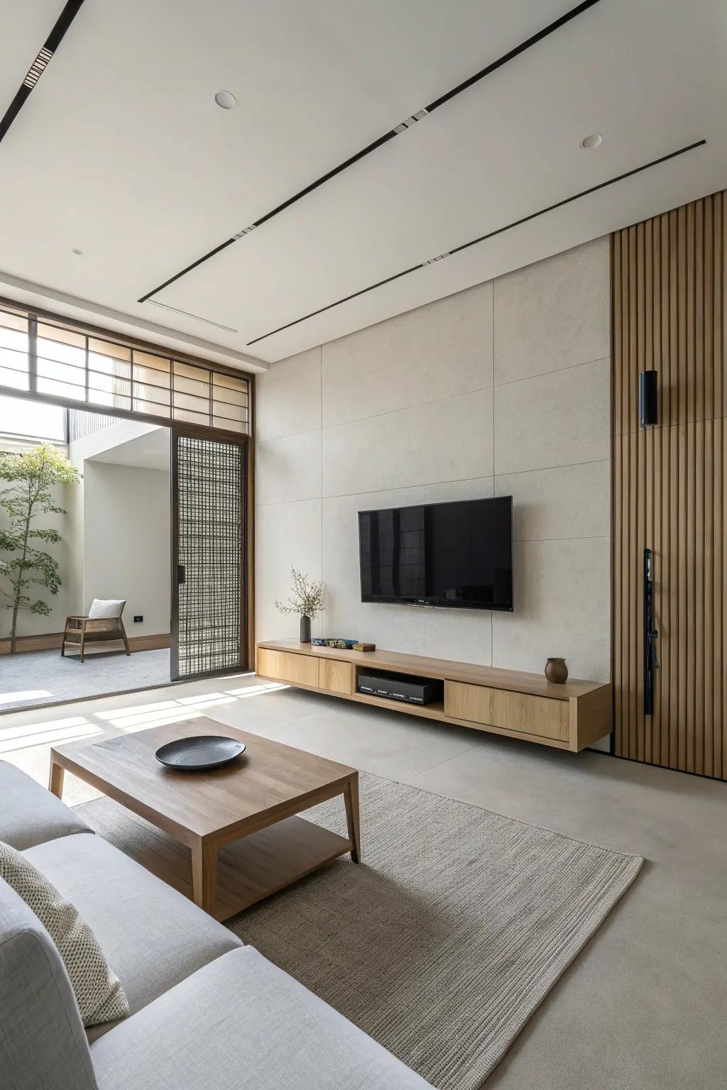 Minimalism infuses tranquility and order into your TV room.