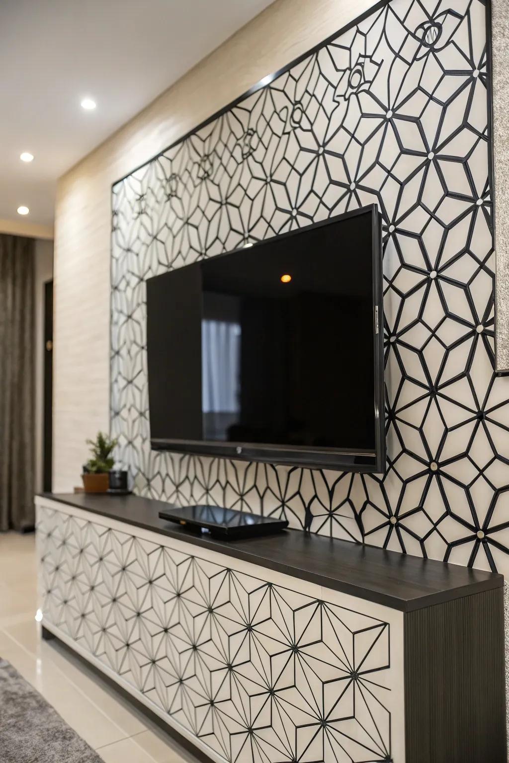 Geometric patterns append a contemporary style to this TV wall.