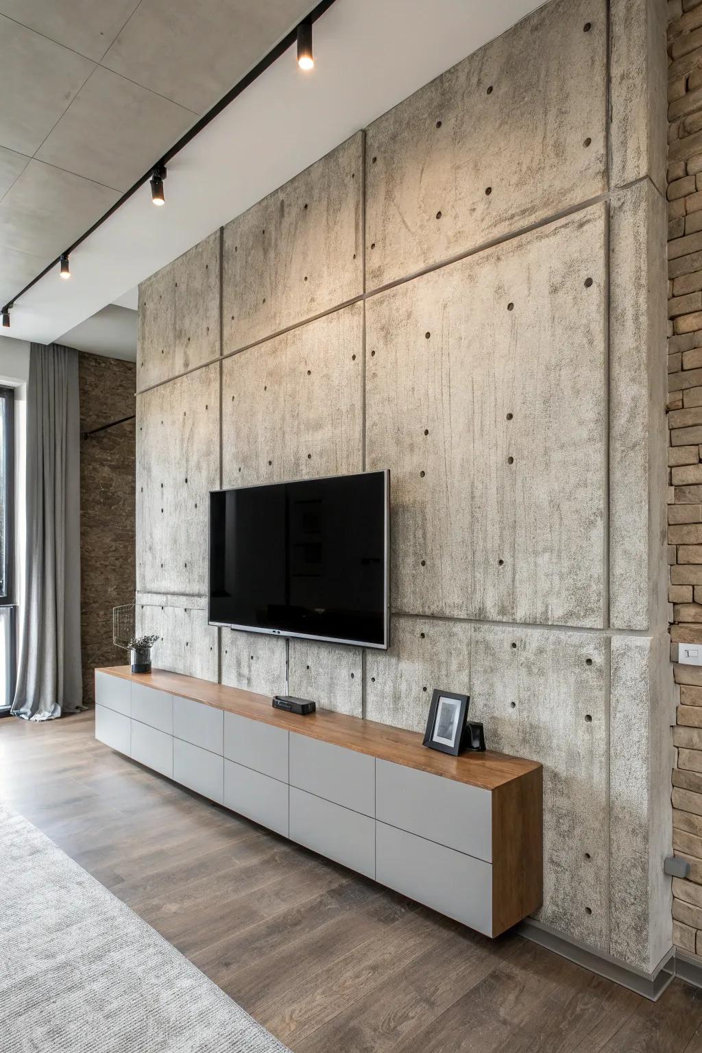 Concrete panels lend an industrial chic vibe to this TV wall.