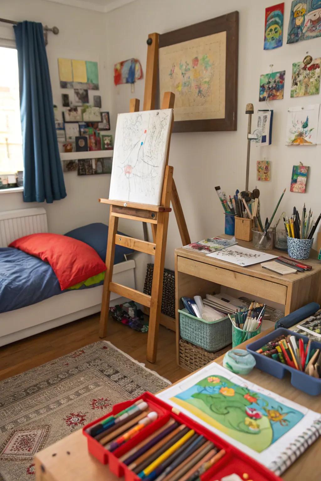 An artistic set up encouraging creativity in a tween's space.