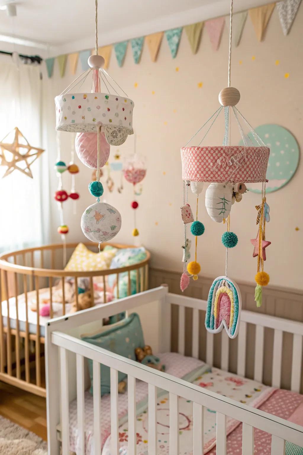 Whimsical mobiles inject appeal and grab attention above the sleepers.