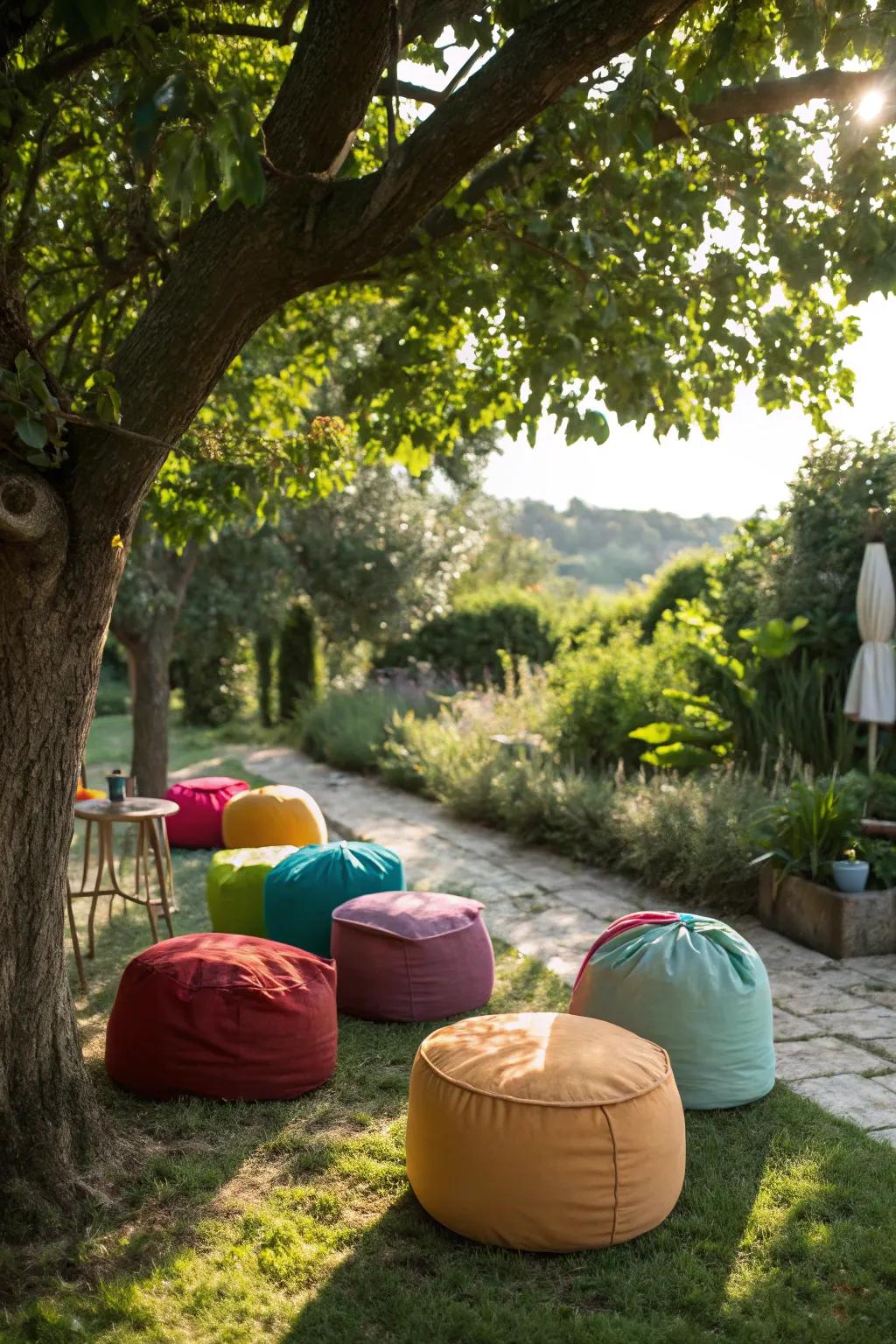 Multihued floor pillows bring amusement and adaptability to your open-air space.