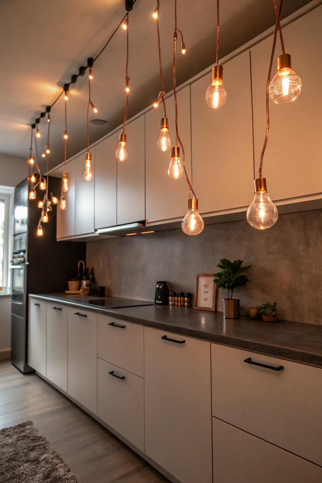 Copper filament LED lights provide a whimsical, artistic touch.