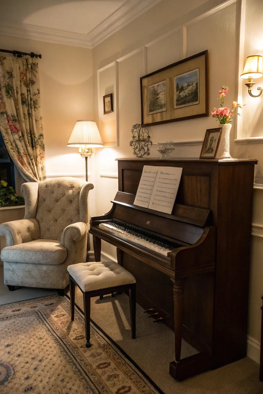 Design a peaceful angle ideal for intimate music times.