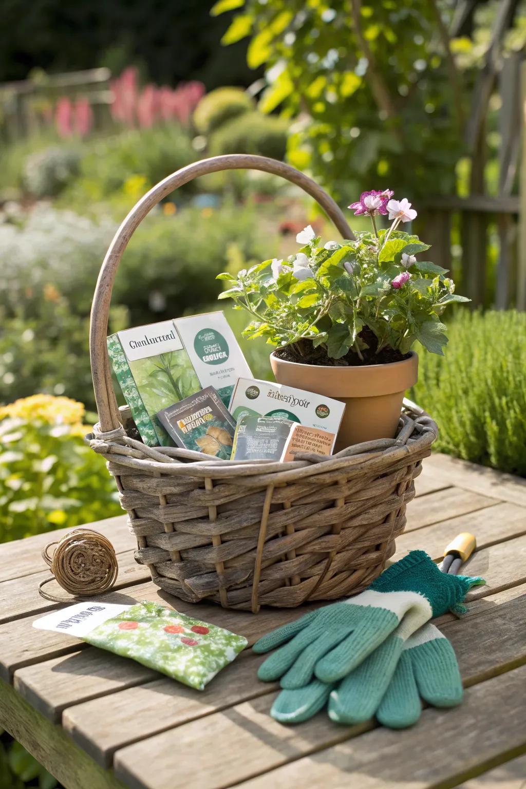 A basket of gardening items for plant lovers.