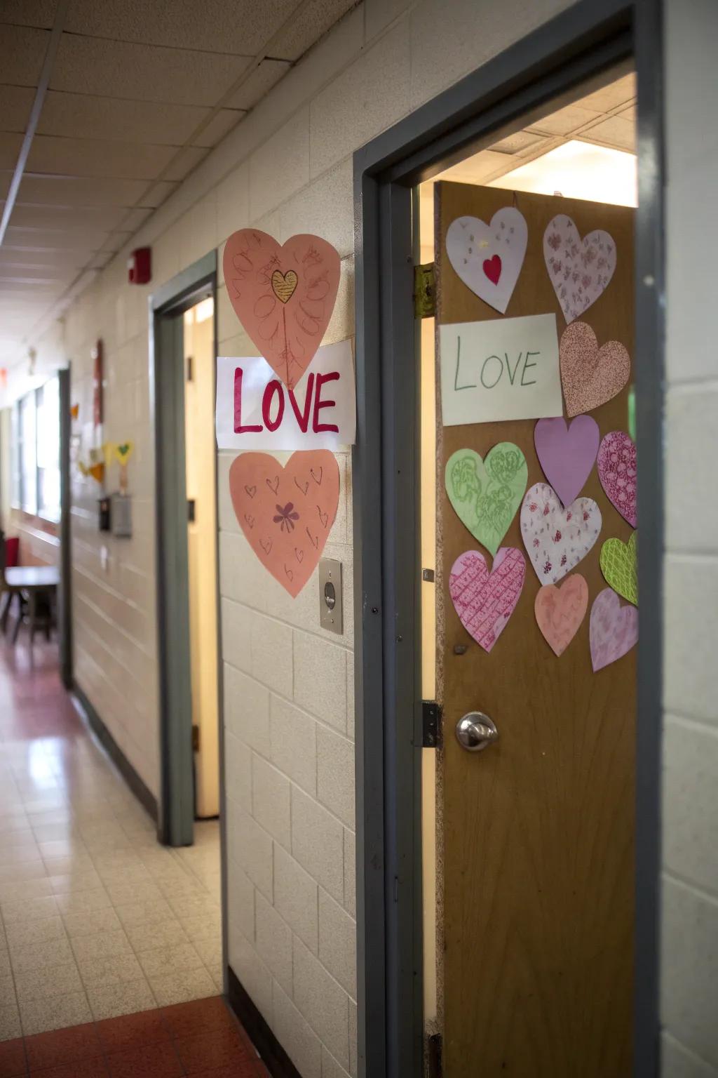 A classroom entrance featuring heart-shaped missives with personal messages of affection.
