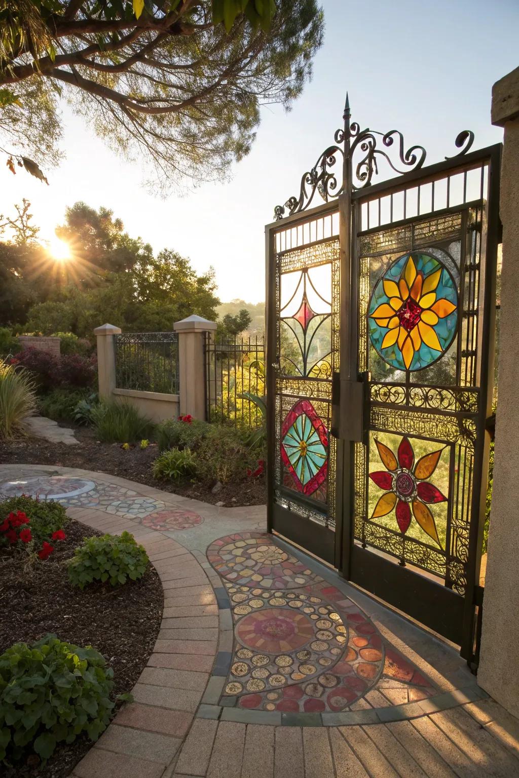 Dyed glass panels adding a touch of color to the entryway.