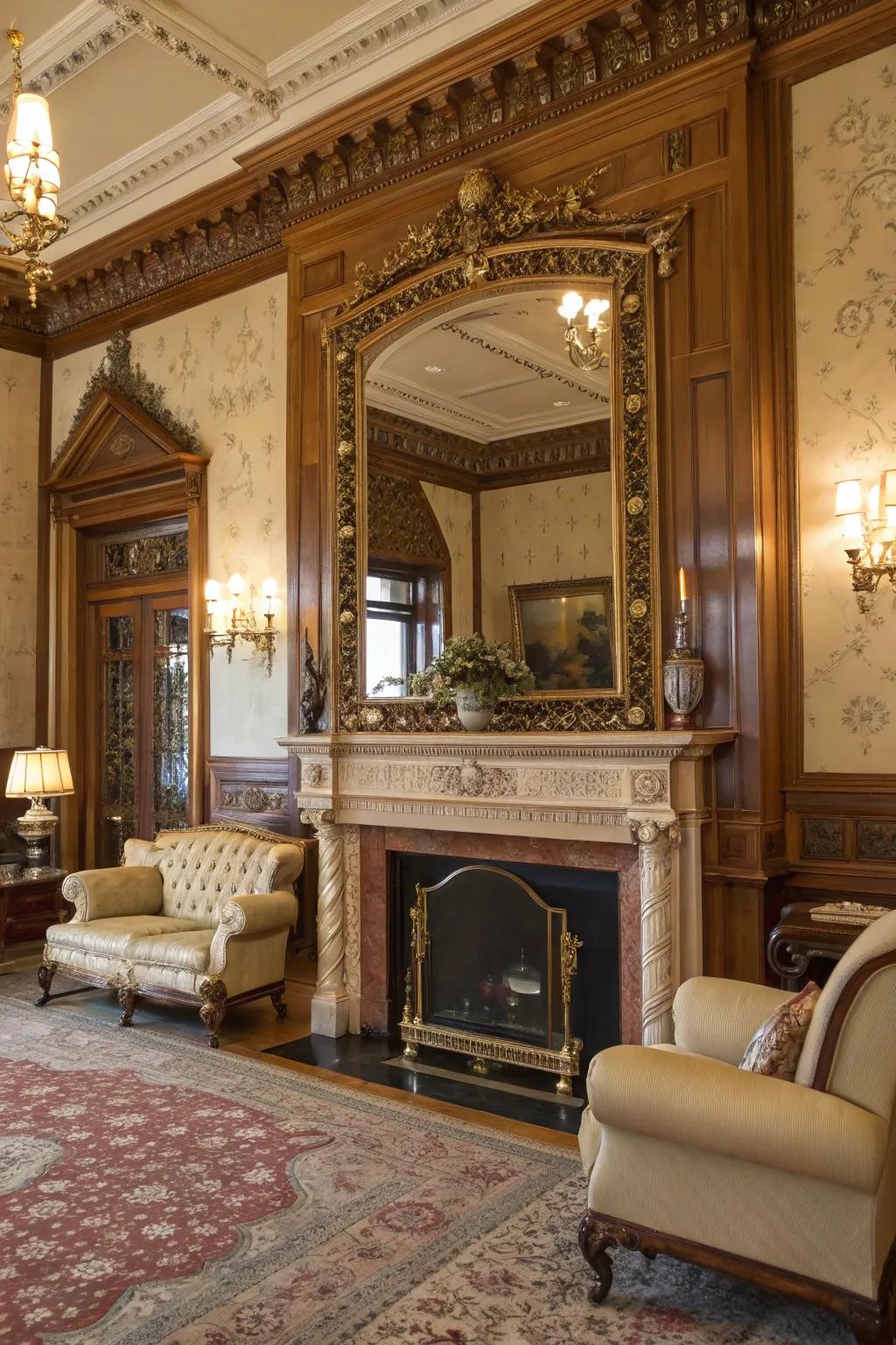 A gilded mirror over the hearth enhances beauty and radiance to the space.