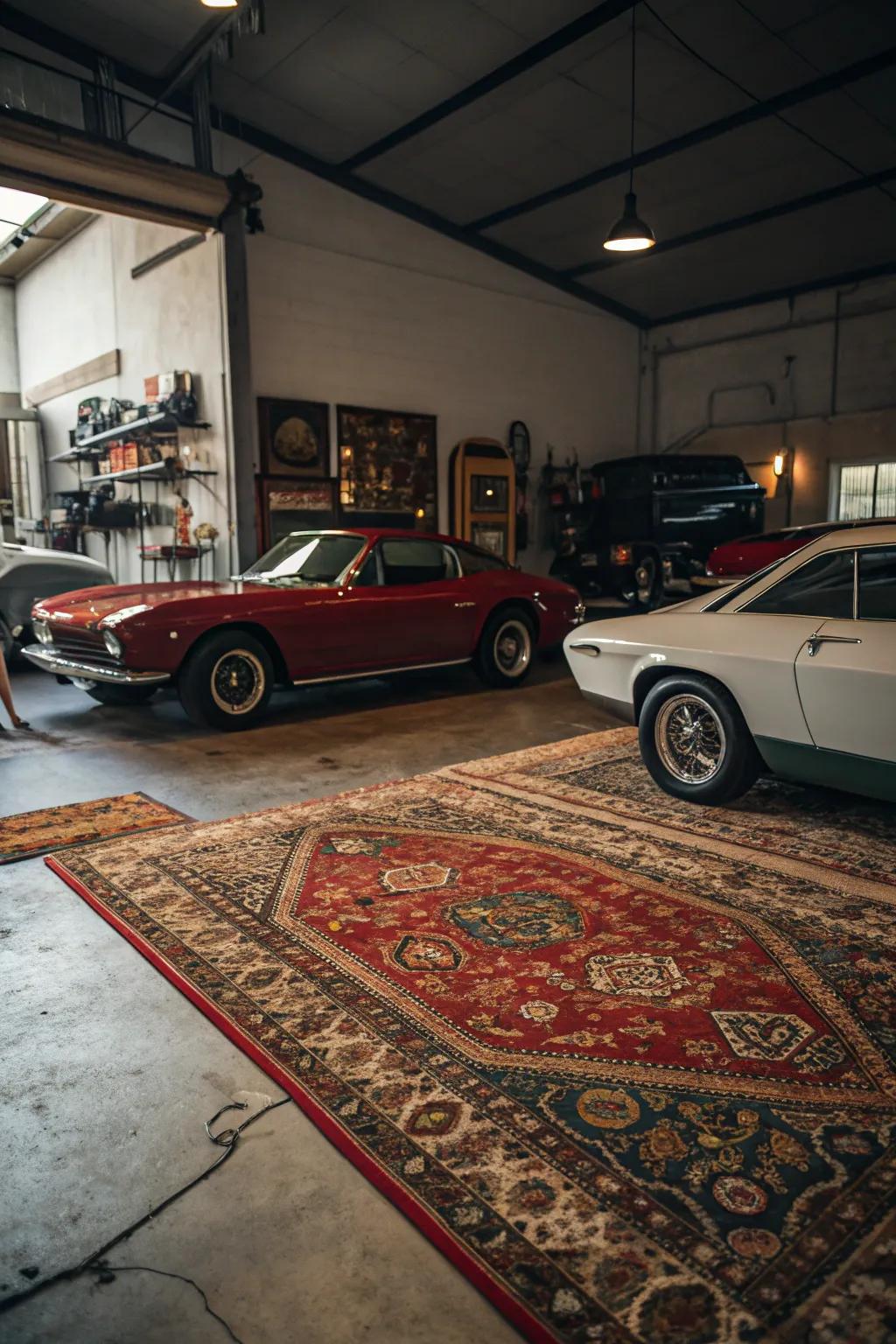 Vintage floor coverings introduce warmth and texture to the garage floor.