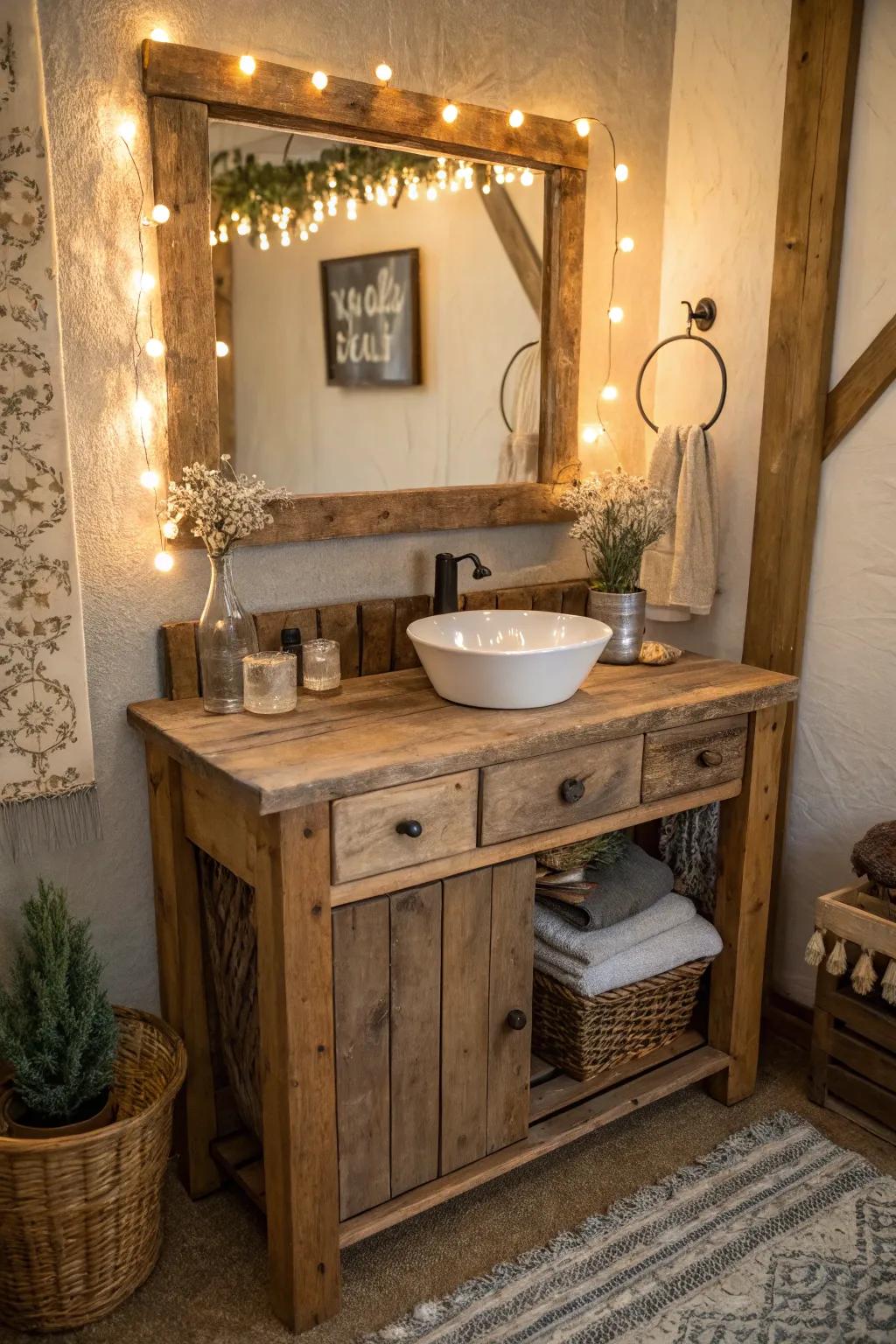 Recycled wood gives a down-to-earth and unique touch to vintage vanities.