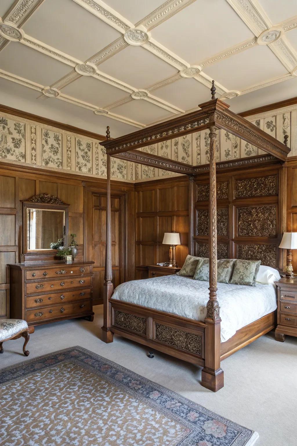 Antique-inspired paneling emanates enduring sophistication.