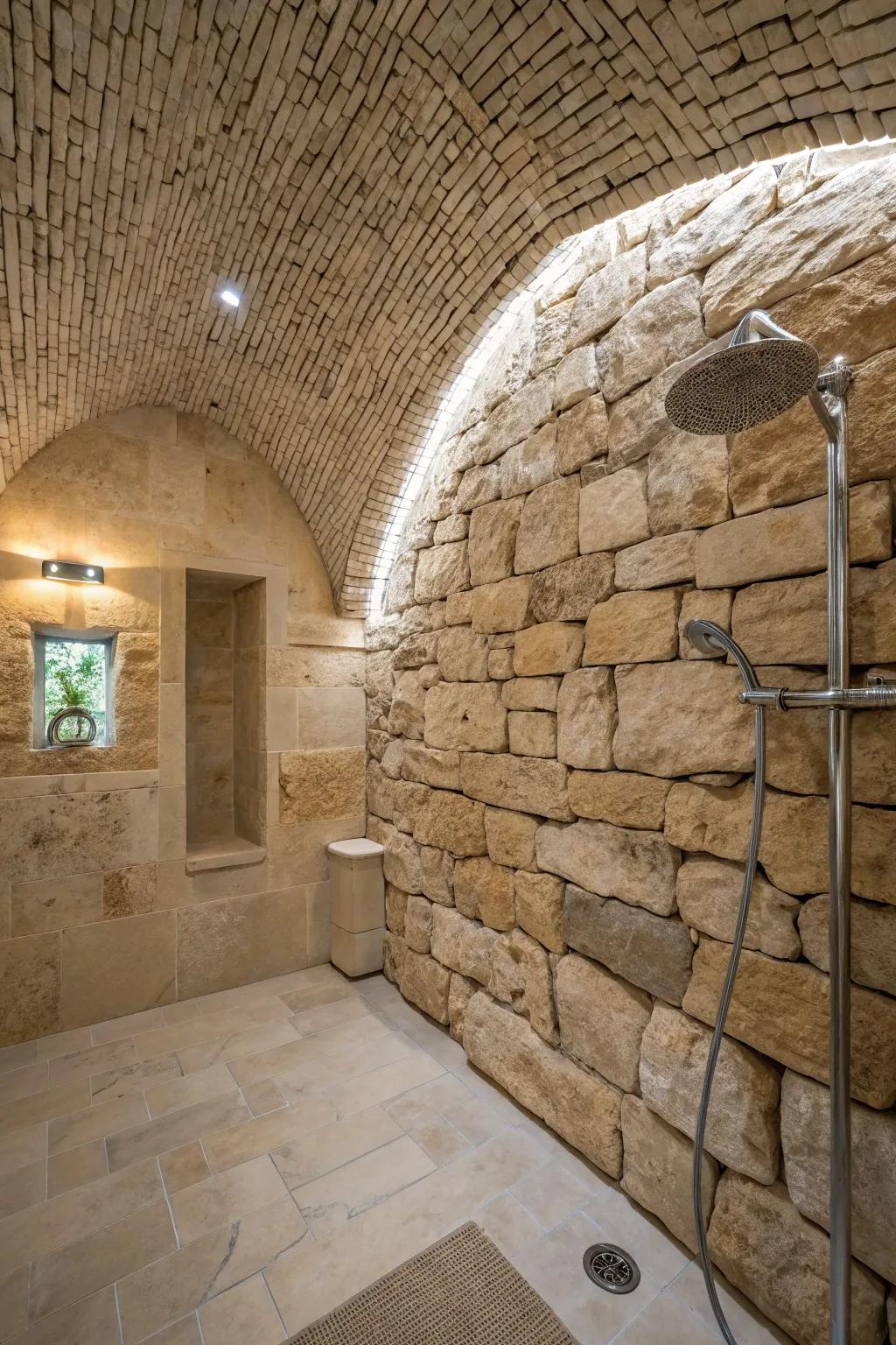 Shower enclosure with bent ceiling and rock structures.