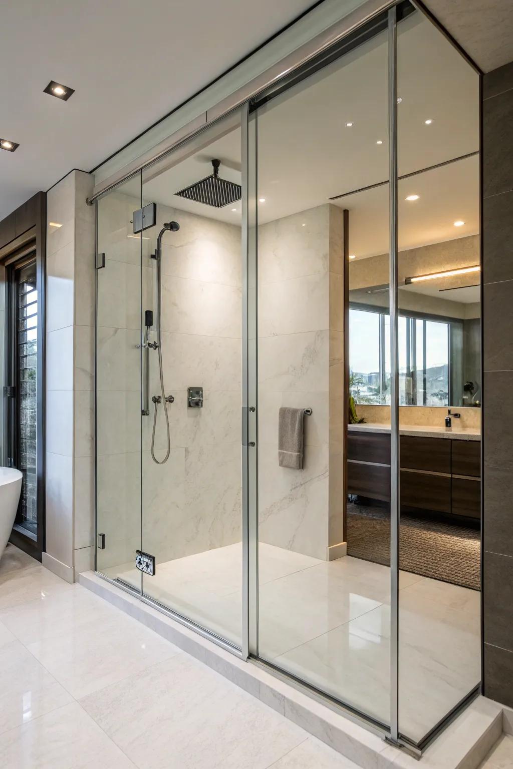 Sliding glass doors offer a seamless transition in this walk-in shower.