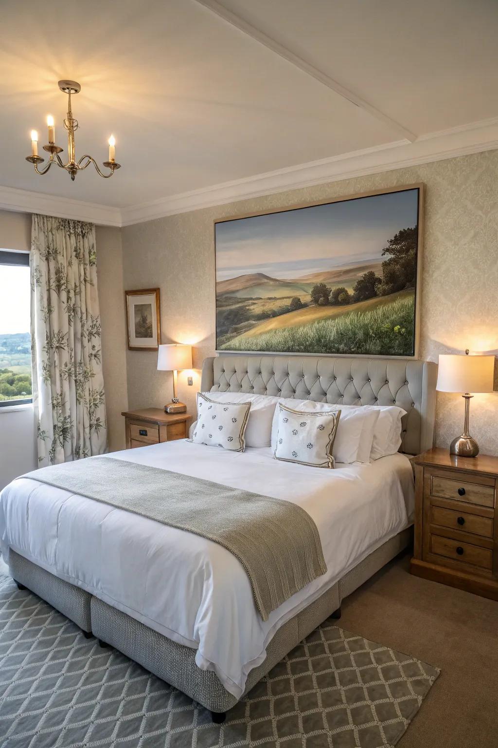 Landscape art brings tranquility into the sleep chamber.