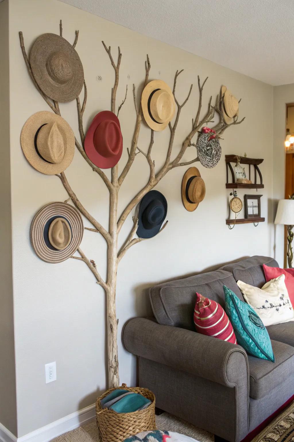 An artistic hat display using a painted branch