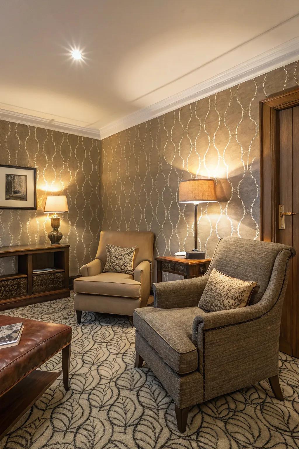 Textured wallpapers for a welcoming ambiance.