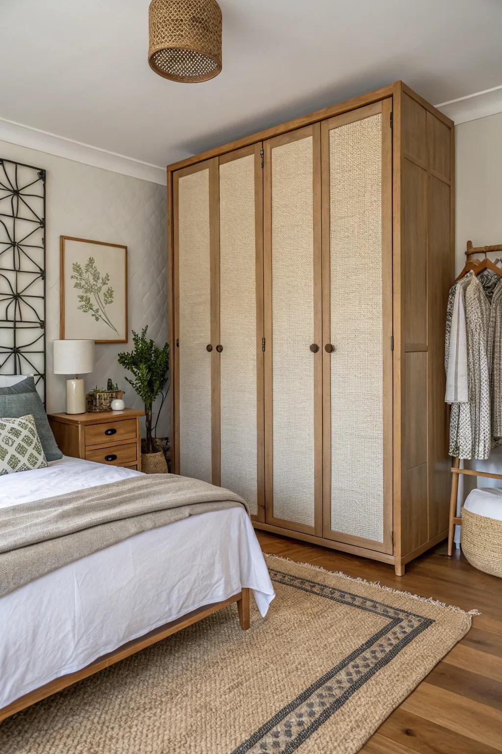 Textile panels on closet doors for a cozy touch.