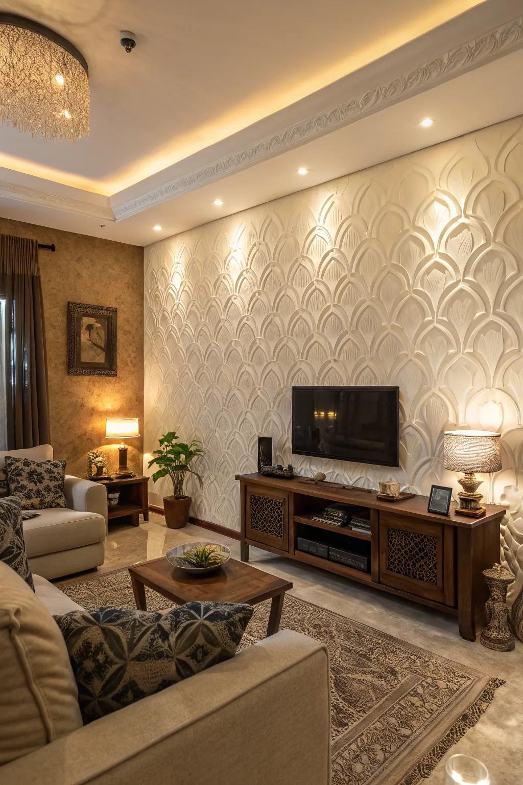 Textured walls infuse depth and visual intrigue into a neutral living area.