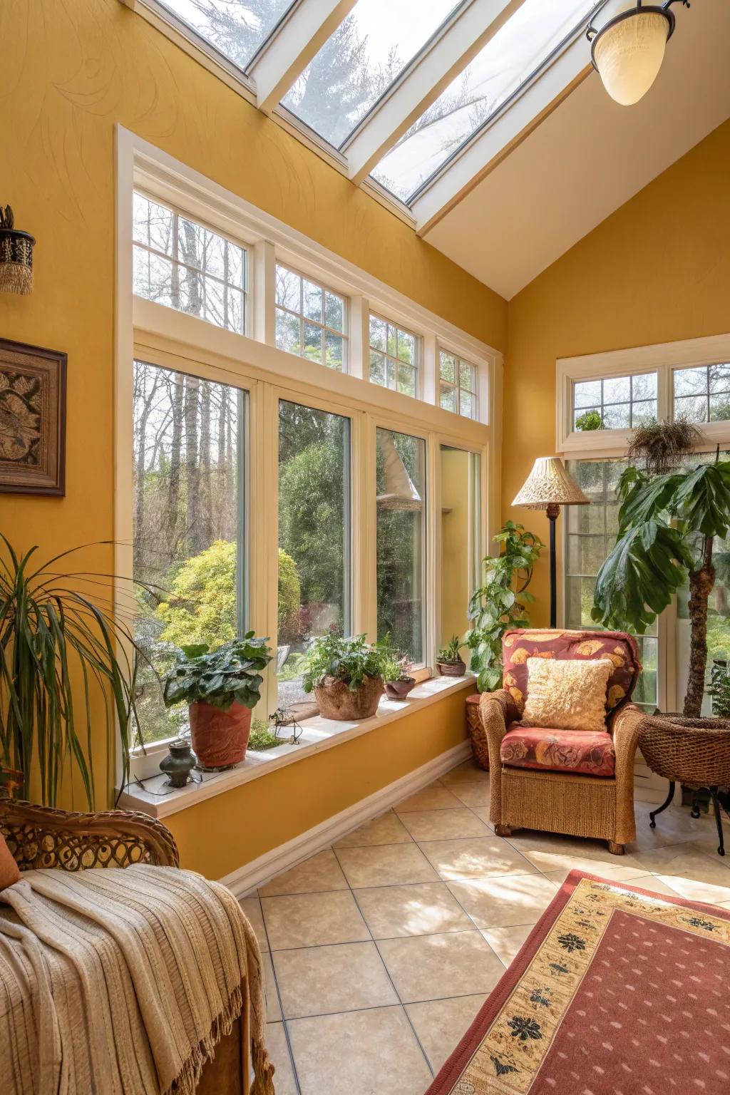 Sunroom with gilded walls, radiating warmth and brightness.